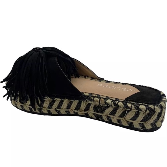 J/Slides NYC Pom Pom Ruby Leather Slide Black Espadrille NWOT - Picture 2 of 3